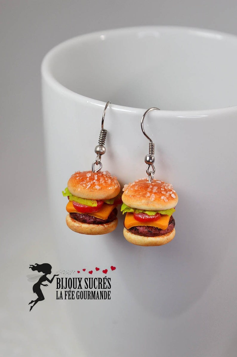 Miniature hamburger, dangling earrings, realistic miniature food, cheeseburger earring, polymer clay jewelry, fastfood jewelry image 1