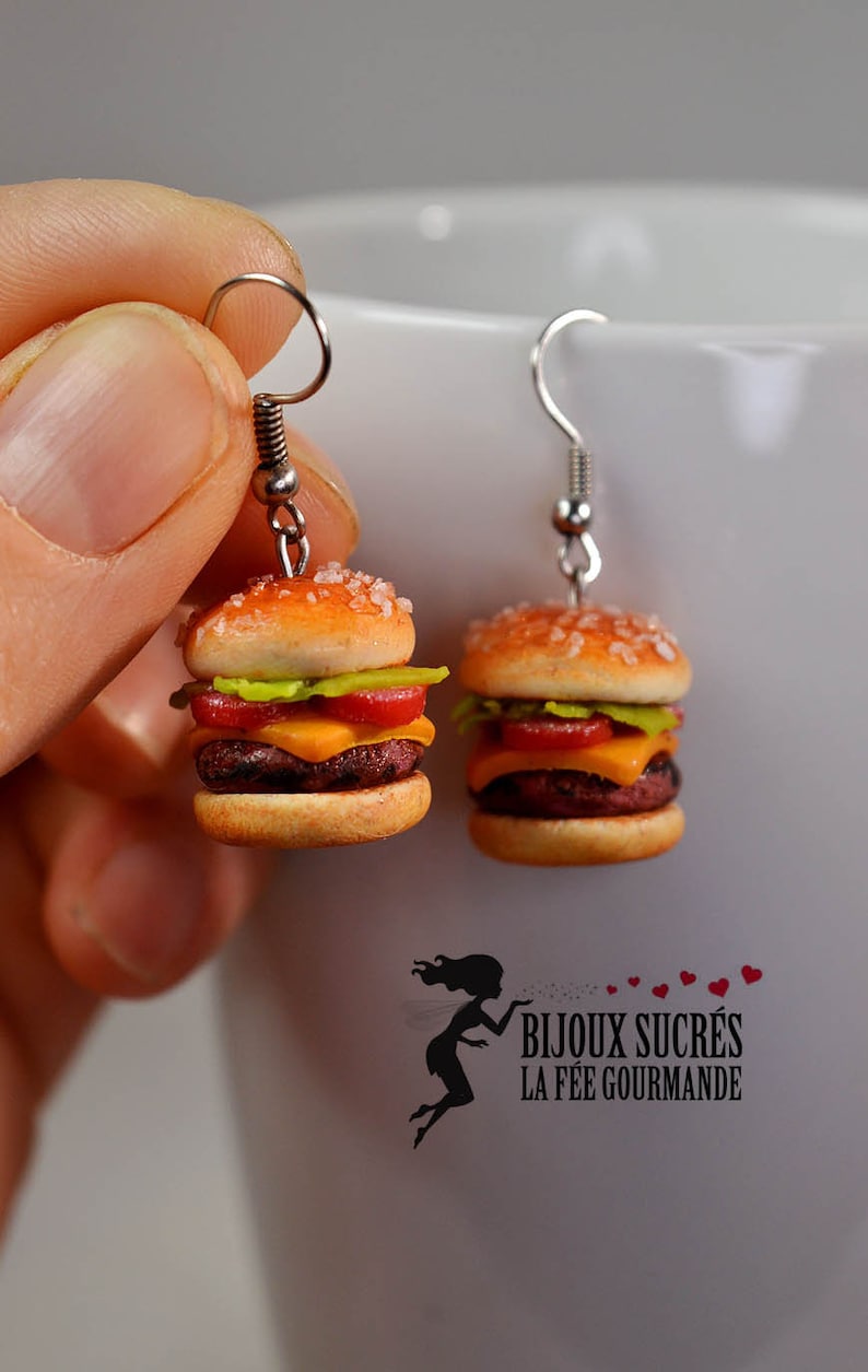 Miniature hamburger, dangling earrings, realistic miniature food, cheeseburger earring, polymer clay jewelry, fastfood jewelry image 2