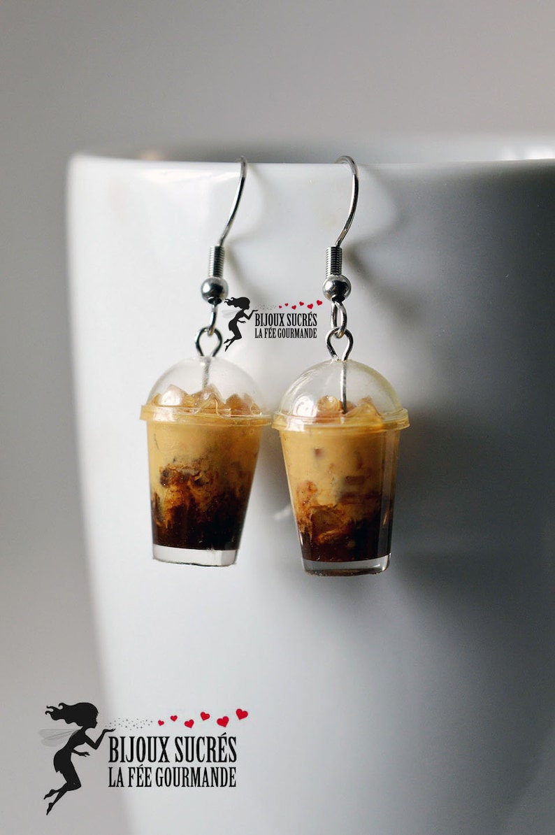 Boucles d'oreilles café glacé infusé de lait, bijoux originaux de nourriture miniature tasse de café glacé, idée cadeau pour amateur de café image 6