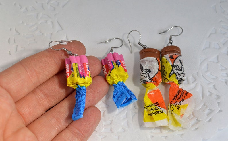 Candy earrings in their pouch halloween jewelry original fun earrings polymer dough creation