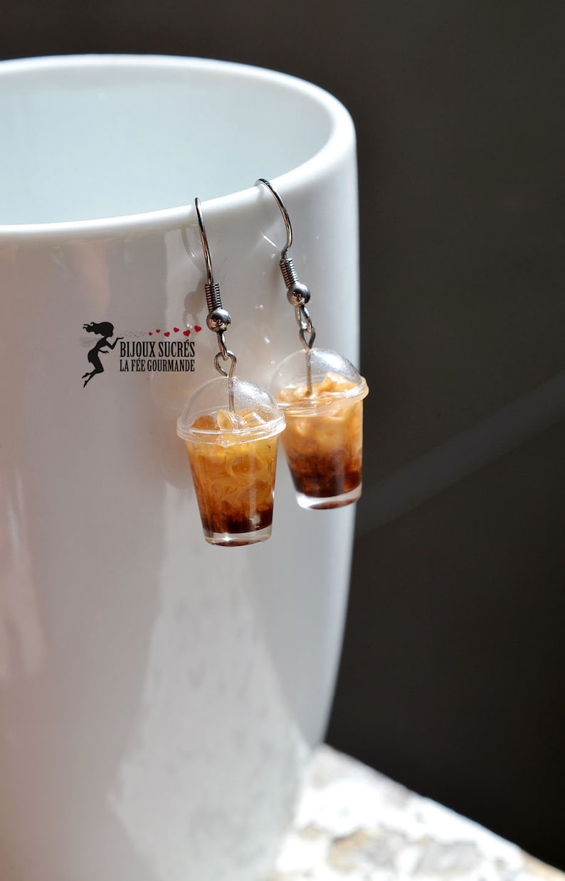 Boucles d'oreilles café glacé infusé de lait, bijoux originaux de nourriture miniature tasse de café glacé, idée cadeau pour amateur de café image 5