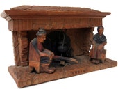 Handcarved Wood Hearth Diorama, Folk Art 3D Fireplace Scene, Made in Spain 1960, Signed With Message, Hidden Mantel Storage Box, OOAK