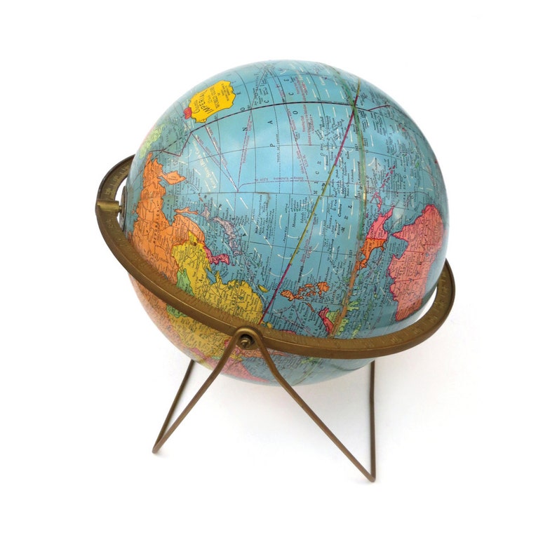 C1962 Cram S Imperial World Globe 12 Desktop On Unique Wire Base Embossed Real Brass Full Meridian Colors Great Condition