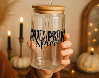 Pumpkin Spice Glass: Iced Coffee Cup with Bamboo Lid & Straw
