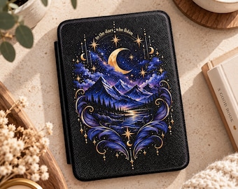 Funda para Kindle con diseño de paisaje montañoso y luna creciente celestial inspirada en ACOTAR