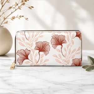 Blush portemonnee met botanische bloemen en rits | Ginkgo-bladerenpatroon