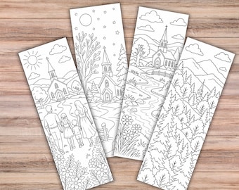 Könnte beinhalten: Vier rechteckige Lesezeichen aus Papier mit schwarz-weißen Strichzeichnungen. Die Motive zeigen eine Familie auf dem Weg zu einer Kirche, eine nächtliche Szene, eine Flusslandschaft mit Kirche sowie einen dichten Wald mit einem Kirchturm.