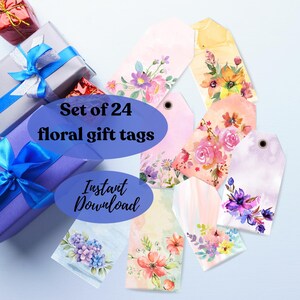 May include: Set of 24 floral gift tags with watercolor designs. The tags are printed on white cardstock and feature a variety of flowers in shades of pink, purple, blue, and yellow. The tags are perfect for adding a touch of elegance to your gifts.
