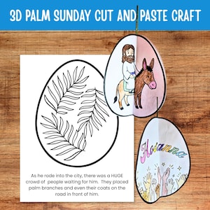 Puede incluir: Un proyecto de manualidades con el texto "3D PALM SUNDAY CUT AND PASTE CRAFT". La imagen incluye un dibujo en blanco y negro de ramas de palma y un dibujo de Jesús montado en un burro. Un tercer dibujo dice "Hosanna" con las manos levantadas.