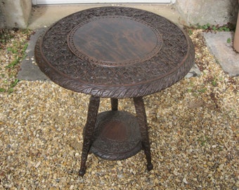 Antique Carved Anglo Indian Round Burmese Hard Wood Lamp Side Table