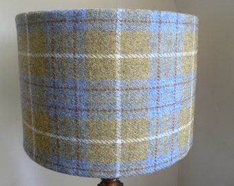 Harris Tweed Drum Lampshade Blue, Mustard and Cream Tartan 30cms