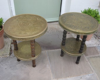 A Pair of Antique Chinese Two Tier Wooden Brass Topped Tables