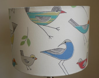 Handmade Stick Birds 30cm Drum Lampshade - Ochre, Blue, Green, Taupe and Cream