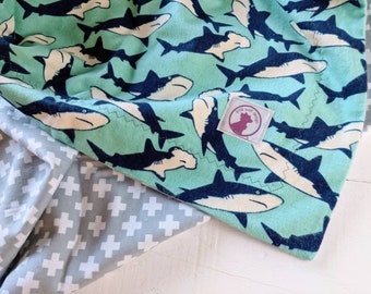 Shark, Baby Blanket, Great White, Hammer Head, Gray, white, cross , Blanket, Receiving Blanket, Flannel Blanket, baby boy -  Marty Sharkfin