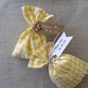 sac sachet pochon à dragées baptême vichy jaune blanc cadeau invité tissu oeko tex (accessoires vendus séparément)