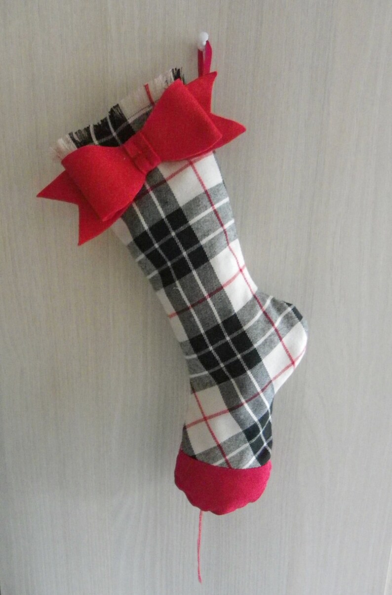 Christmas sock,stocking,xmas,red,white,black,bow tie,felt fabric,tartan fabric
