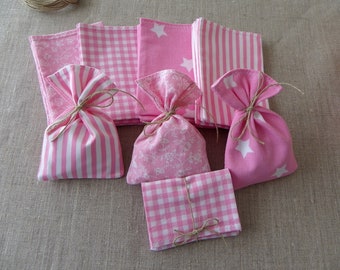 24 pochons en tissu rose et blanc cadeau invité petits sac sachet 9x13 cm + ficelles en lin