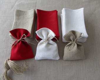 24 petits sacs pochon pochettes sachets en lin et chanvre 9x13 cm rouge blanc naturel + ficelle en lin cadeau invité