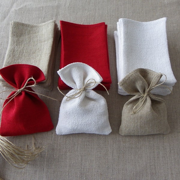 24 petits sacs pochon pochettes sachets en lin et chanvre 9x13 cm rouge blanc naturel + ficelle en lin cadeau invité