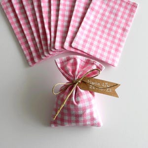 sac sachet pochon contenant à dragées vichy rose blanc baptême fille cadeau invité coton oeko tex (ficelles et étiquettes en option)