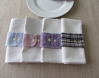 Serviettes de table et ronds de serviette en coton blanc épais recyclé upcycling linge ancien Lot de 4