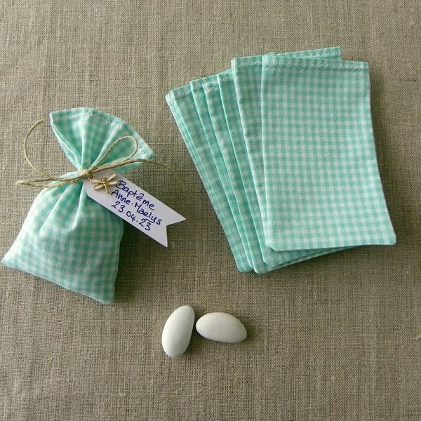 sac sachet pochon contenant à dragées vichy vert blanc thème nature cadeau invité tissu oeko tex (libellule, ficelle, étiquette en option)