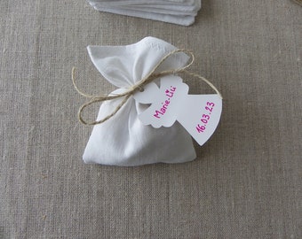 pochons sachet sac pochette à dragées baptême blanc LIN FIN ancien 100 ans tissu upcyclé (ficelles et étiquettes vendues séparément)