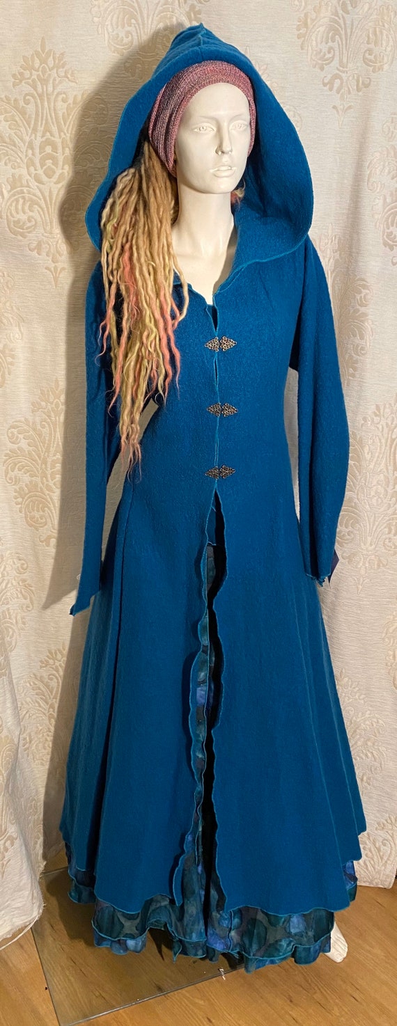 Petrol wool pagan winter coat with hoodie.
