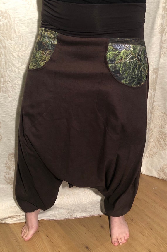 Offer!!! Brown harem pants of stretch linen & pockets with digital print. From 65,-to 50,-euro