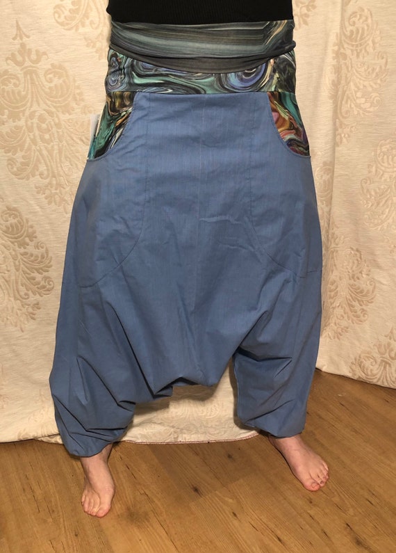 Offer!!! Blue harem pants of stretch linen & bags with digital paint print. From 65,-to 50,-euro