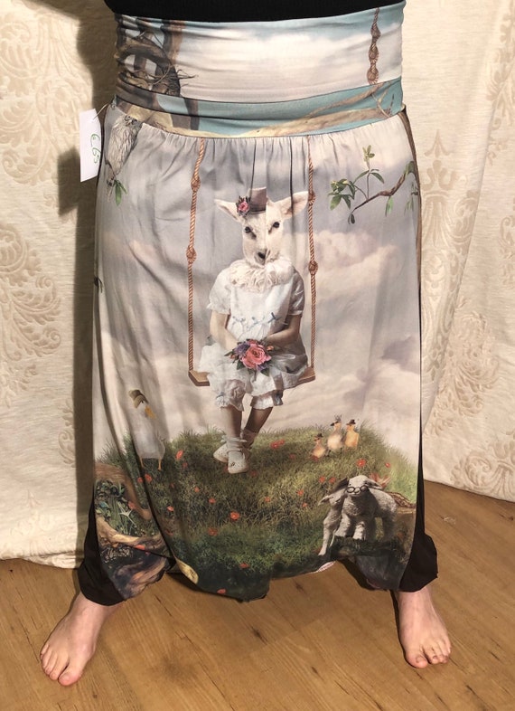 Offer!!! Brown harem pants in viscose Tricot with fantasy kid's digital print. From 65,-to 50,-euro