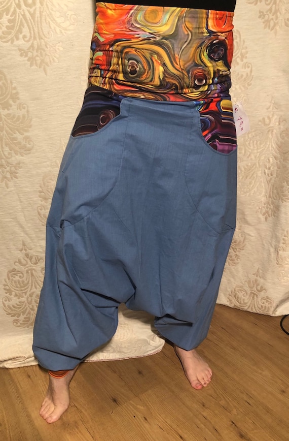 Offer!!! Blue harem pants of stretch linen & bags with digital paint print. From 65,-to 50,-euro