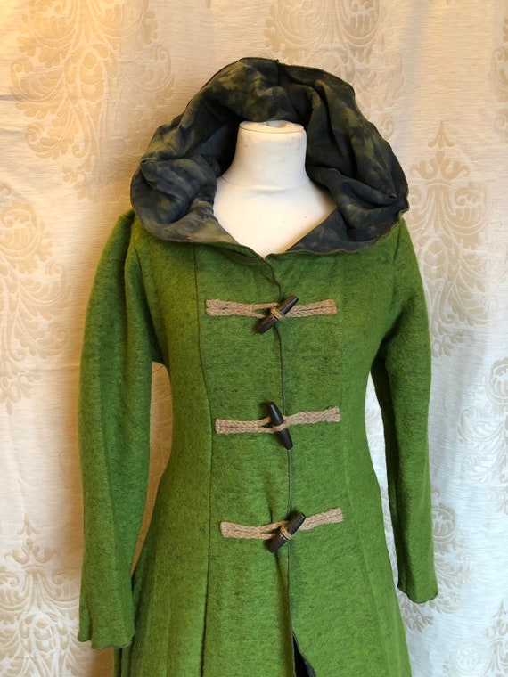 Green Woolen Pagan winter coat with hoodie