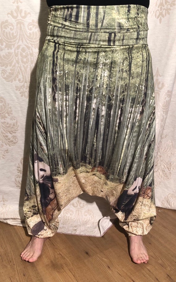 Offer!!! Nature print harem pants from with digital print of Panda bear and turtle between bamboo. From 65,-now for 50,-euro
