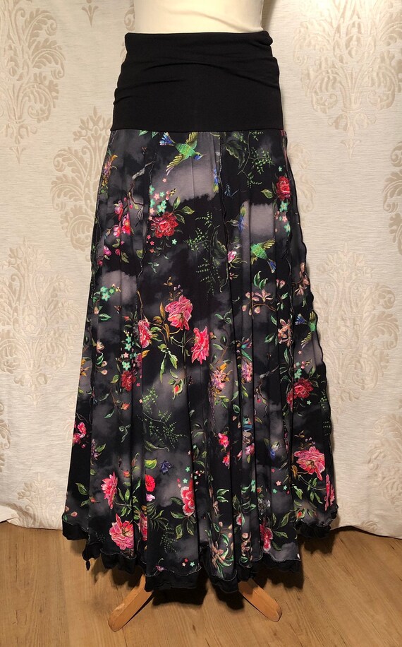 Black skirt with flowers and hummingbird. Digital Print