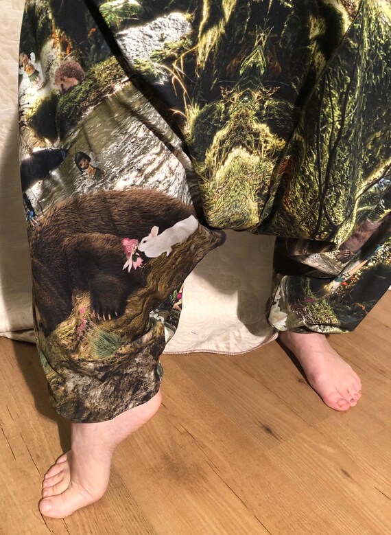 Offer!!! Green Nature Print Harem pants of cotton with digital print of fantasy bear and Elves. From 65,-to 50,-euro