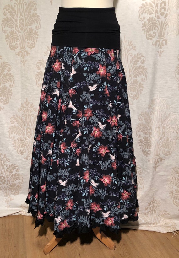 Black skirt with flowers and crane bird. Digital Print