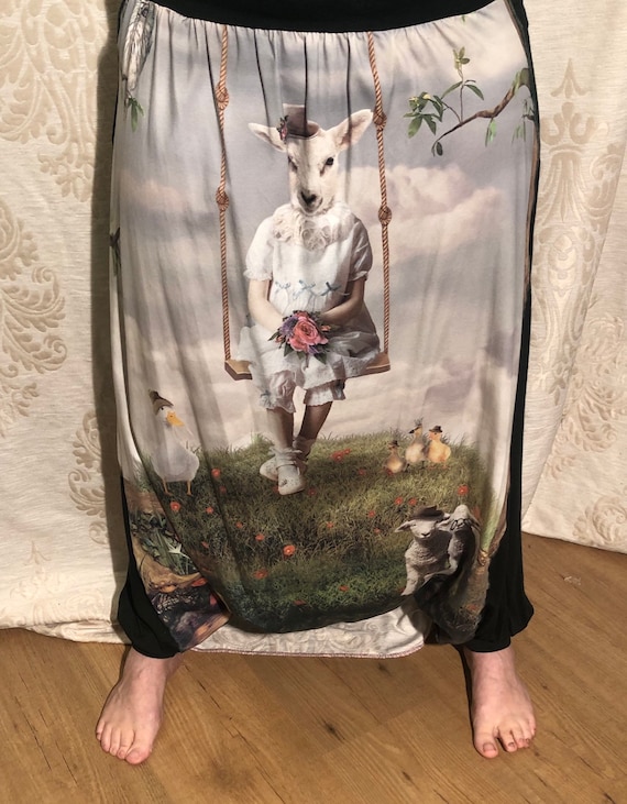 Offer!!! Green harem pants in viscose Tricot with fantasy Kid Digital print. From 65,-to 50,-euro