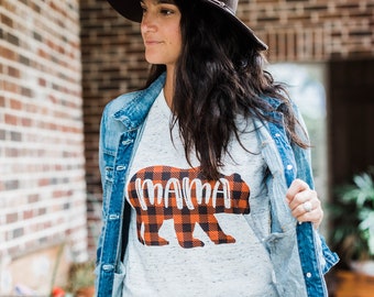 Fall Shirt Women/ Plaid Mama Bear Shirt/ Halloween Shirt Women/ Mom Life Shirt/ Halloween Pregnancy Announcement Shirt/ Orange Black Plaid