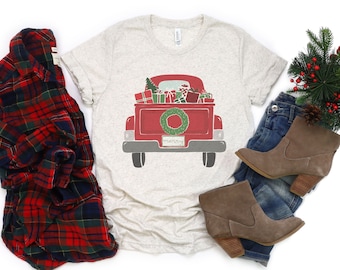 Damen Weihnachtsshirt/ Vintage Weihnachten Truck Shirt/ Lehrer Weihnachten Shirt / Familie Weihnachten Shirt / Weihnachten Grafik T-Shirt / Red Truck