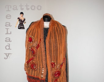 Emmanuelle Khanh Fabulous Designer Rust Scarf Beautiful Ornate Floral Decoration