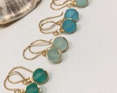 Ocean Blues Earrings. Sea glass earrings Light Blue Gold Earrings Dainty Beach Glass Earrings Sea Glass Dangle Earrings