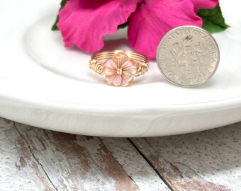 Fleur Du Paradis Ring. Dainty Hibiscus Ring: Mother of Pearl