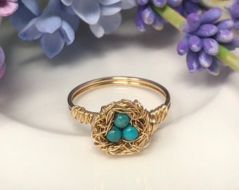 Robin's Nest Ring. Turquoise Bird Nest Ring / Gemstone Bird Nest Ring Gold Silver Rose Gold/ Mama Bird Ring / Adoption Gift / Gift for Mom