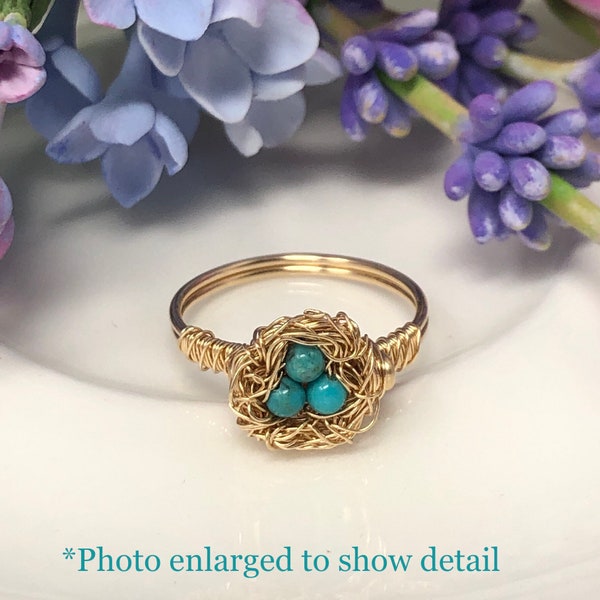 Robin's Nest Ring. Turquoise Bird Nest Ring / Gemstone Bird Nest Ring Gold Silver Rose Gold/ Mama Bird Ring / Adoption Gift / Gift for Mom