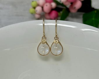 Over the Moon Earrings. Dainty Moonstone Dangle Earrings: Rose Gold Filled, Yellow Gold Filled or Sterling Silver, Herringbone Design