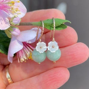 Jade Blossom Earrings. Dangle Earrings, Burma Jadeite, Mother of Pearl Flower, Sterling Silver, Yellow Gold Filled or Rose Gold Filled