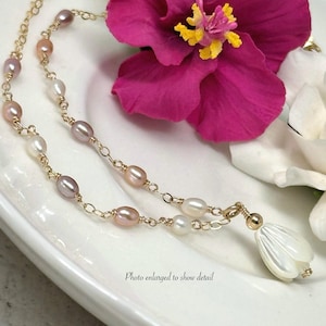 Pikake Rain Necklace. Dainty Pikake Flower Necklace: Mother of Pearl Blossom, Multi Color Freshwater Pearls, Gold Filled, Sterling Silver