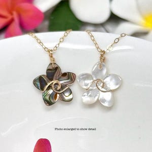 Pua Moana Necklace. Dainty Plumeria Necklace With Wave Accent: Choose from Abalone or Mother of Pearl / Tropical, Hawaiian Flower Necklace