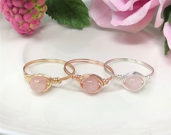Rosewater Ring. Dainty Natural Rose Quartz Wire Wrap Ring / Rose Quartz Ring Gold Silver Rose Gold/ Minimalist Rose Quartz Ring/ Pink Ring
